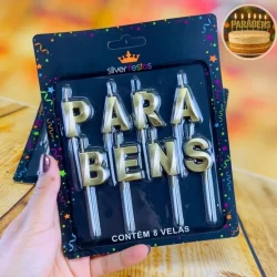 KIT 8 VELAS DESIGN PARABENS DOURADAS (SILVER FESTA)