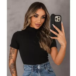 Body Feminino Gola Alta Manga Curta Moda Casual Tendecia Ribanna Canelada