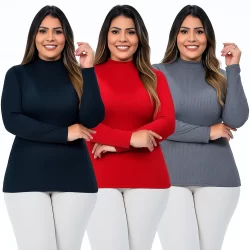 Kit 3 Blusas Gola Alta Manga Longa Canelada Confortável Plus Size Gestante Grávida Inverno
