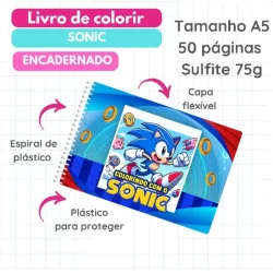 Livro de colorir SONIC capa FLEXÍVEL 50 páginas folha sulfite 75g tamanho A5
