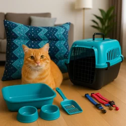 Kit Completo Para Gato 7 Peças Premium Colchonete Caixa de Areia Transporte Comedouro Coleira Pá