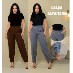 Calça Feminina Afaiataria Social estilo cenoura jogger Botão forrado, ziper na frente