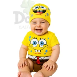Body de Bebê do Bob Esponja + Touca - Body Mesversário Temático