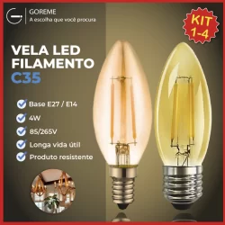 Kit 4 Lâmpada Filamento Vela Led E27 e E14 Luz Quente C35 4W Amba Retro Vintage 2200K 110V-220V Bivolt