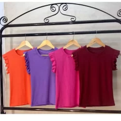Kit com 2 Blusa Moda Canelado Manga Babado Cores Variadas