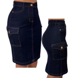 Saia Cargo Jeans Feminina  Mídi Cintura Alta  Bolso Cargo Lateral