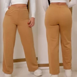 Calça feminina pantalona wide leg moletinho cintura alta com bolsos 2025