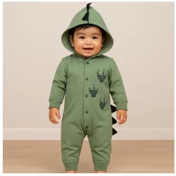 Macacão longo fantasia bebê verde militar estampado dinossauro com botões e capuz com aplique