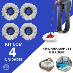 Kit 4 Refil Para Mop De Microfibra Giratório Balde Esfregão 8L 13L
