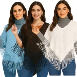 Poncho Feminino Preto de Renda com Franjas – Estilo, Charme e Conforto para os Dias Frios