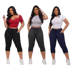 Kit 3 Calças capri feminina Cintura alta Corsário canelada