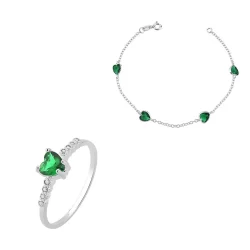 Conjunto Anel e Pulseira de Prata 925 Coração com zircônias Verde Esmeralda