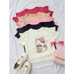 Blusa Infantil Menina Gatinho Suco Manga Dupla Linda  Canelado Ribana DTF02