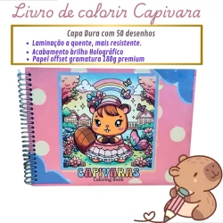 Livro de Colorir Infantil Capivara Fofinha | Capa Dura Holográfico | 50 desenhos | Folha de 180g