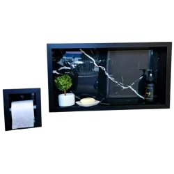 Kit Nicho de Porcelanato 60x30cm + Porta Papel Higiênico com Suporte | Embutir na Parede | Banheiro: PRETO.
