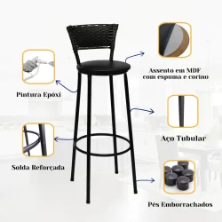 Banqueta Estrutura Aço Preta Junco Sintético Preto Altura 80cm Itagold Promoção