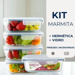 Kit 5 Potes Herméticos de Vidro 370ml com Tampa 4 Travas para Marmita Comida da Semana Fit