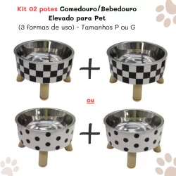 Kit 02 Potes Comedouro ou Bebedouro Pet Elevado/Alto - Tigela Plástica e Inox - Xadrez/Poá