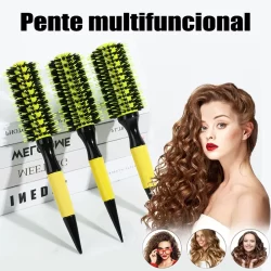 Escova De Cabelo Térmica Amarela Cerdas De Javali Mista Madeira