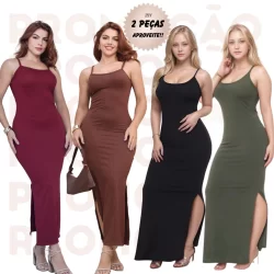 Kit 2 Vestidos Longos Canelado com Fenda e Alça Fina – Moda Feminina Estilosa