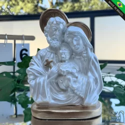 Imagem em gesso Sagrada Família-  18 cm branco perola com dourado premium manto branco catolica altar presente