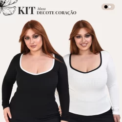 Kit C/ 2 Blusas Femininas Decote Coração Manga Longa Modelo Acinturado Plus Size