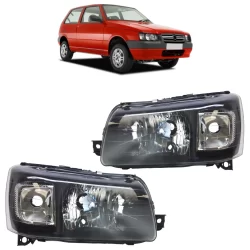 Par Farol Dianteiro Uno Fiorino 2005 A 2013 Máscara Negra Foco Duplo Lente Lisa Acrilico