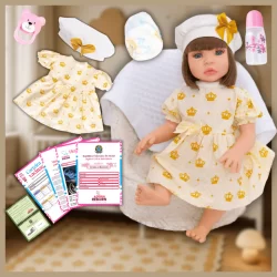 Bebê Reborn Boneca Vestido Coroa Dourada Realista Original Vinil Siliconado Pode Dar Banho Promoção