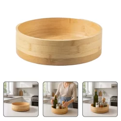 Organizador Redondo Giratório Em Bambu Premium Multiuso Porta Temperos Maquiagem 25cm OU