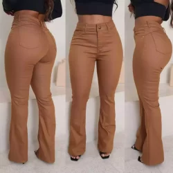 calça flare bege preto com elastano empina bumbum elegante casual