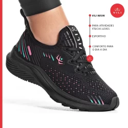 Tênis Feminino Vili Neon Esportivo Treino Preto