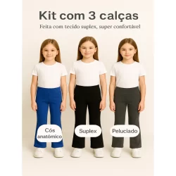 kit 3 Calça Infantil Flare  Suplex Lisa Sortidas 4-6-8