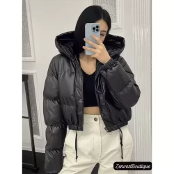 Jaqueta Puffer Cropped Couro Fake Blusa de frio Com Capiuz Removivel Feminina