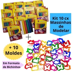 Kit 10 Cx Massinha de Modelar + 10 Cortador Molde Kit Festa Lembrancinha Infantil Escolar