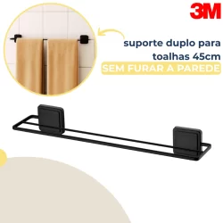 Porta Toalha Banheiro Duplo Toalheiro 45cm Preto Fosco Com Adesivo 3M Future