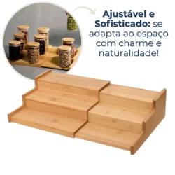 Rack Organizador Extensível De Bambu Escadinha  3 Níveis Suporte Porta Temperos Condimentos