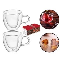 Jogo Kit Com 2 Xícara 80ml Coração Parede Dupla Caneca De Vidro Borossilicato Café Chá Cappuccino