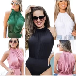 Body Feminino Gola Alta Modelo Drapeado Com Tecido Levinho PROMOÇÃO