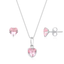 Conjunto prata 925 Brinco E Colar Zircônia Rosa Coração