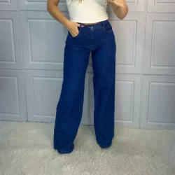 Calça jeans wide leg lavagem escura sem laycra