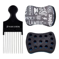 Pente Garfo Penteado De Cabelos Afro Dentes Metal Marco Boni + Esponja Para Cabelos Afro