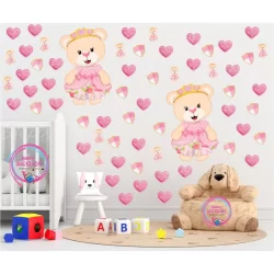 Kit 65 Adesivos Ursinha Rosa, Ursa, Coração, Menina Decoração de Quarto Infantil