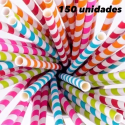 150 Canudos Biodegradável de papel 20 cm 6 mm listrado cores a escolha OFF
