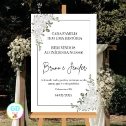 Placa Quadro Bem Vindos Flores Rosas Brancas Casamento Personalizado