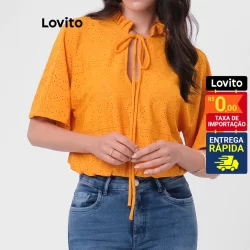 Lovito Blusa Feminina de Babados com Decote Gota Tecido Fluido Basica B15BRL041