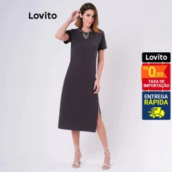 Lovito Vestido Feminino Midi Manga Curta Casual Liso LB45BRL074