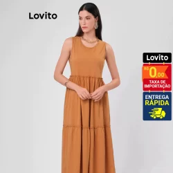 Lovito Vestido Decote Redondo Midi Com Babados Basico Feminino LB36BRL065