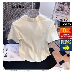 Lovito Camiseta Feminina Manga Curta Lisa Gola Polo e Bordado  LNE51076