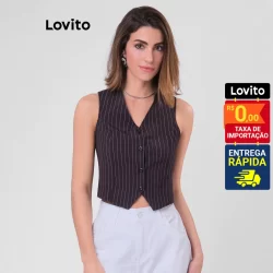 Lovito Colete Alfaiataria Riscada Decote V Botões Frontais Feminino LB6BRL035
