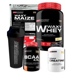Kit Waxy Whey 900g + Creatina Power 100g + Bcaa 100g + Waxy Maize 800g + Coqueteleira - Bodybuilders